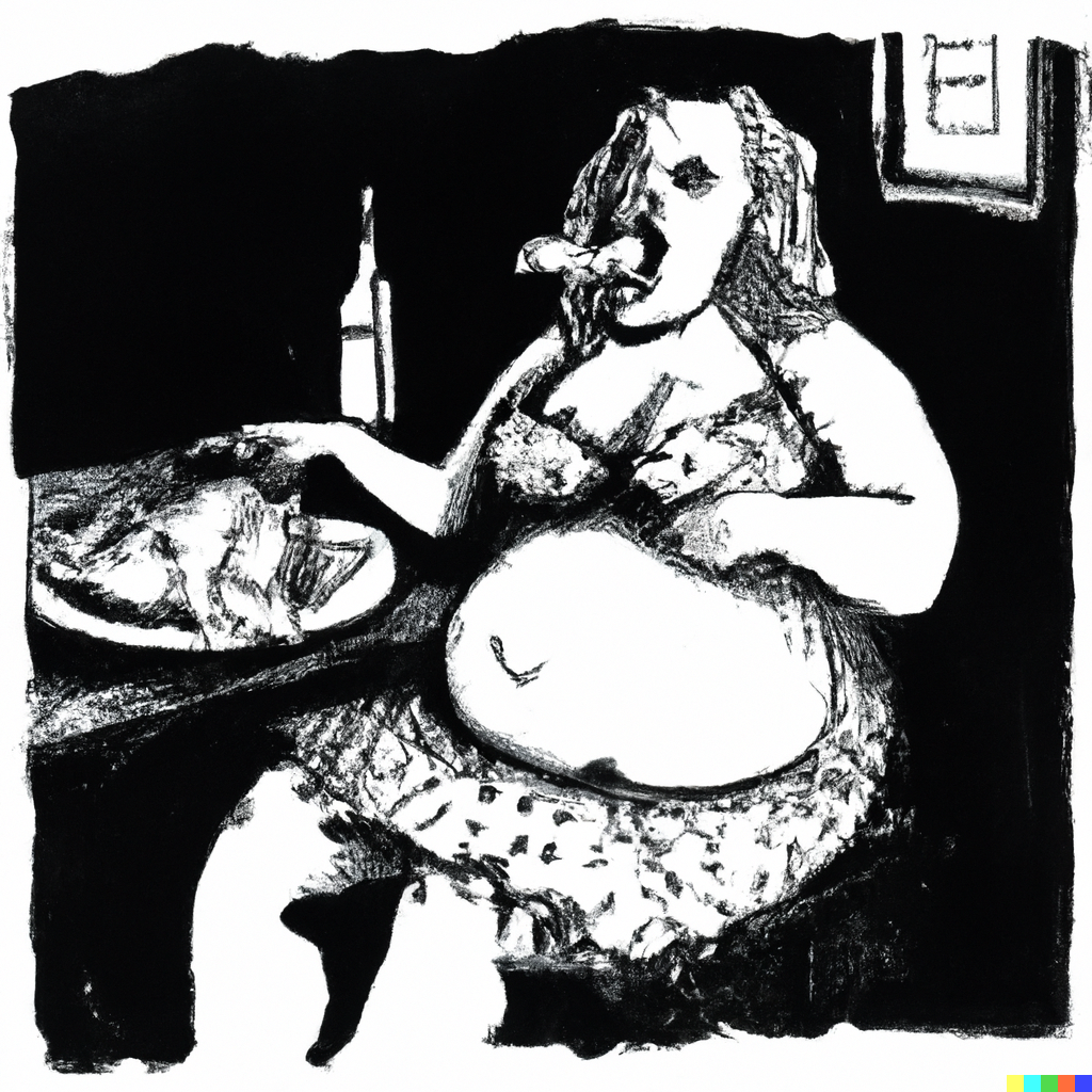 a black pen illustration of a very fat woman, wearing a bikini, sat on the floor of a darkly lit english pub, with meat in her hand