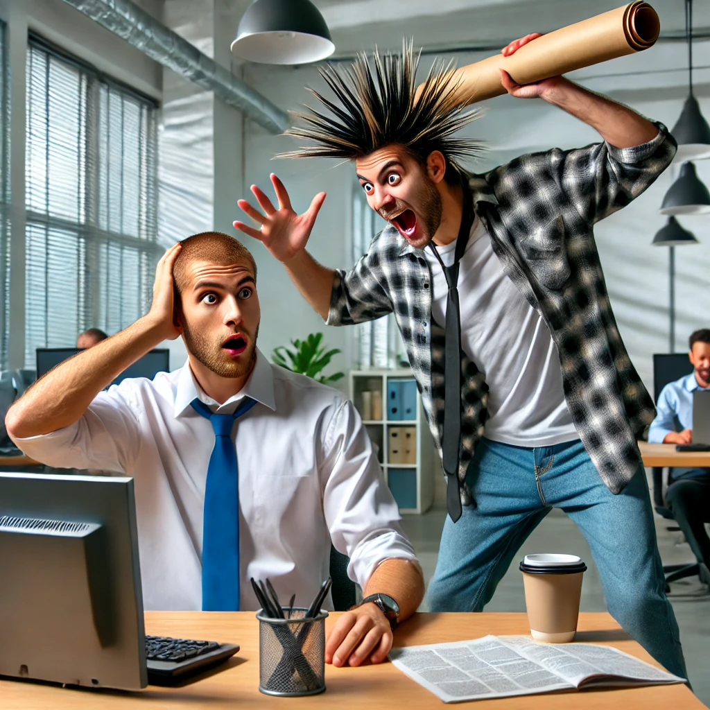 Man being hit over the head with a roll of paper