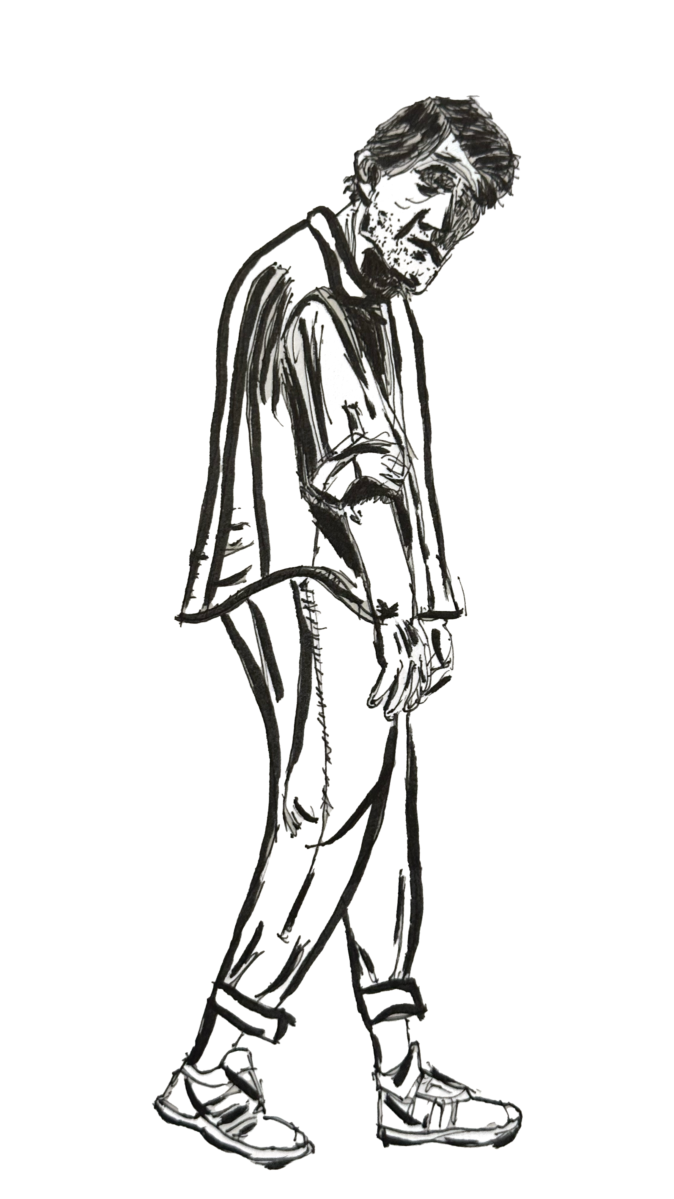 Illustration of a stooped man walking